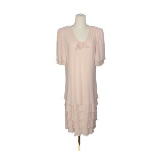 Vintage Dress 14 L XL Pale Pink Deco 20s Vibe Below Knee Tiered Flutter Chiffon